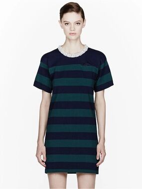 Sacai luck FW13 rugby striped pearl beaded collar dress jp 3 cotton EUC Japan M